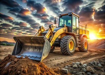 Fototapeta premium Golden hour illuminates a powerful wheel loader excavating earth at dusk.