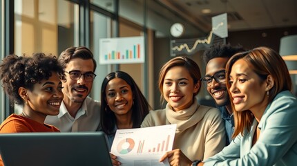 Diverse Team Analyzing Data on Laptop, Collaborative Teamwork in Business Meeting.