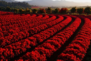 Vibrant red flowers bloom in rows in a valley, mountains with trees in the background