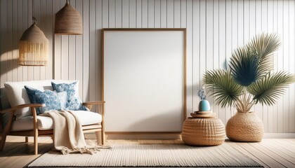 Coastal Living Room Oasis Warm Wood Tones and Seaside Accents Create an Inviting and Tranquil Space in This Stunning 3D Render.