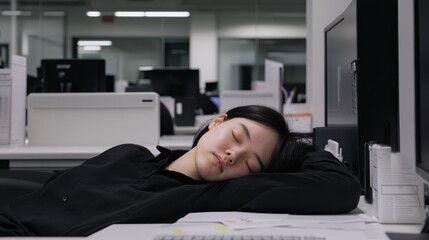 A humorous scene of an office worker secretly napping at their desk