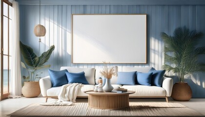 Coastalstyle Living Room Mockup Frame in a Relaxing Home Interior Background Serene and Inviting Coastal Ambiance for Digital Art, Home Decor, or Design Inspiration