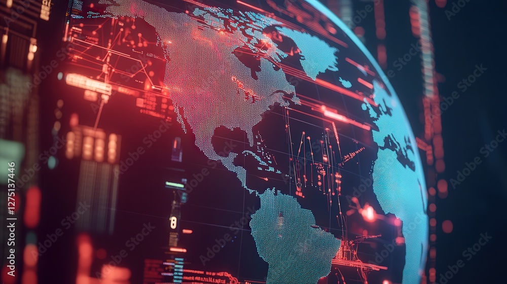 Poster globe with data streams flowing between business hubs, symbolizing strong corporate connections and 