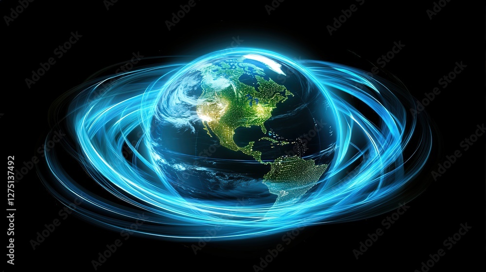 Poster globe with data streams flowing between business hubs, symbolizing strong corporate connections and 