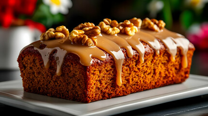 Delicious cake topped with creamy frosting and nuts, perfect for dessert lovers and special occasions.