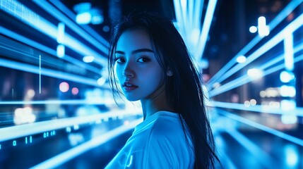 Woman in futuristic blue light tunnel, with city background and digital interface effect