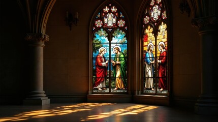Obraz premium Sunlit Sanctuary Ancient stained-glass windows depicting biblical figures illuminate a hallowed interior space, casting vibrant shadows on the polished floor.