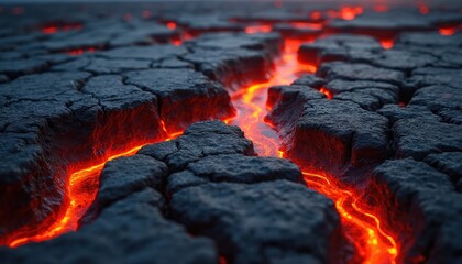 Close-up view volcanic fissure eruption. Molten lava flowing earth cracks. Tectonic activity hazard on fractured surface. Geothermal landscape of magma flow, basalt structure, hazard, destruction.