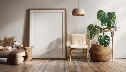 3D Mockup Frame in Hipster Interior Illustrative Vintage Ambiance with a Pop of Modernity, Elevating Home Decor and Design Inspiration.