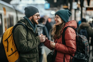 Fototapeta premium A couple with travel bags chatting and laughing as they wait on a busy train platform.