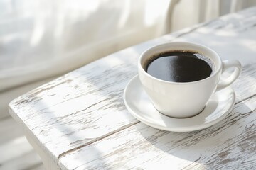 A cozy and serene setting with a white cup of black coffee resting on a weathered white table.