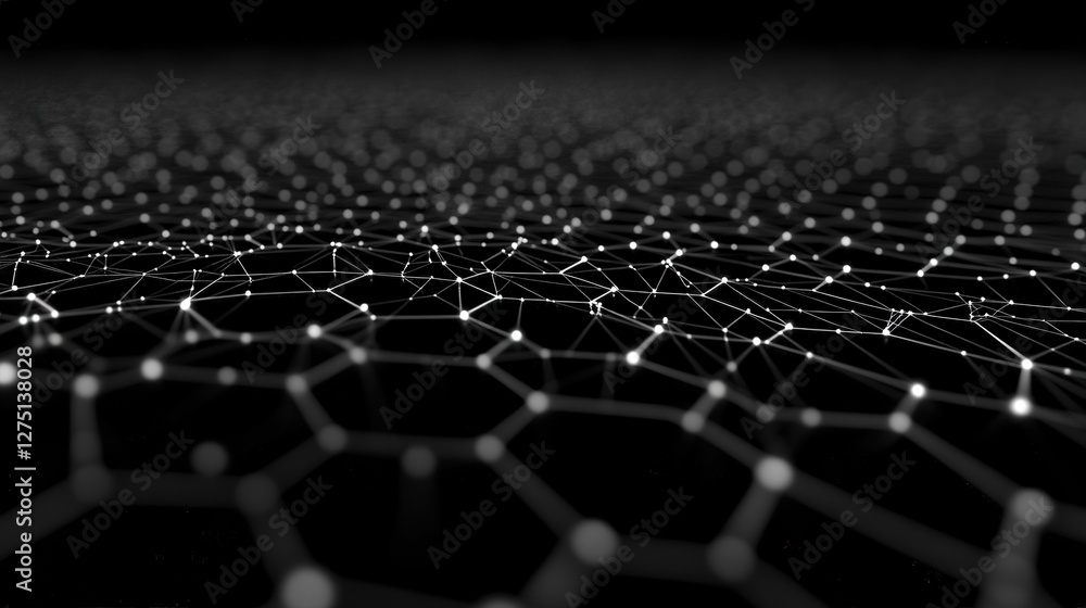 Poster futuristic hexagonal grid design, with lines representing the complex web of social connections betw