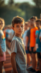 Obraz premium Young boy standing among runners before a race