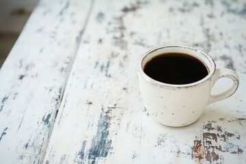 A cozy and serene setting with a white cup of black coffee resting on a weathered white table.