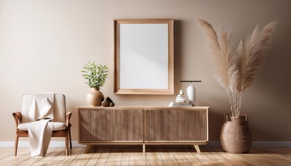 Beige Interior Living Space Showcasing Natural Wood Furniture and a 3D Rendered Frame in a Warm Ambiance, Perfect for Digital Art, Home Decor, or Design Inspiration.