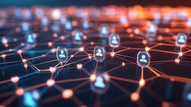 futuristic hexagonal grid design, with lines representing the complex web of social connections between individuals in an online community