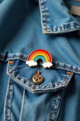 A vibrant rainbow enamel pin adorns a denim jacket pocket, adding a touch of cheerful color and playful style