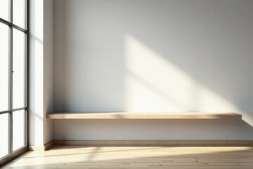 Obraz premium Sunlight Illuminates Minimalist Room with Empty Wooden Shelf Perfect for Product Display