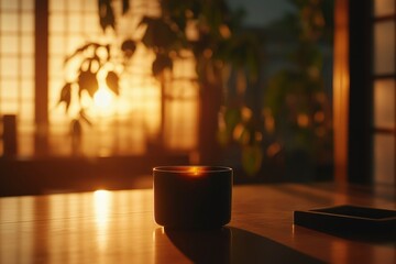 Warm drink on wood table at sunrise; shoji screens and plants in background