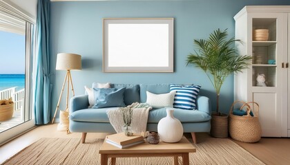 Coastal Living Room with Marine Decor Vintage Mockup Frame in a Calming Coastal Background, Embracing Warm Tones and Textured Accents, Perfect for Digital Art, Home Decor, or Design Inspiration.