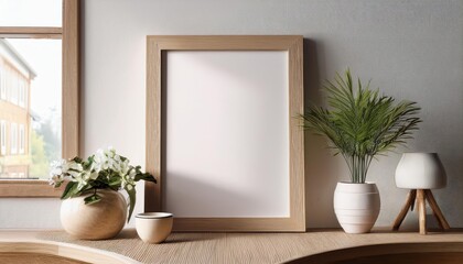 3D Scandinavian Style Mockup Frame in Home Interior Background An Elegant Minimalist Oasis with Cool Tones and Natural Textures, Perfect for Digital Art, Home Decor, or Design Inspiration.