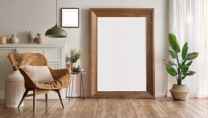 3D Scandinavian Style Mockup Frame in Home Interior Background Serene, Minimalist Elegance Meets Warmth and Charm, Perfect for Modern Decor and Digital Art.