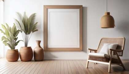 3D Render White Room Elevated with Natural Wood Furniture NatureInspired Atmosphere, Showcasing a Cozy Modern Sanctuary Amidst an Invigorating Ambiance.