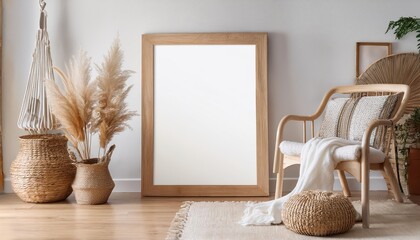 ScandinavianBohemian Fusion Interior A Cozy White Room Radiates Warmth with Natural Wooden Furniture, Blending Modern and Vintage Aesthetics in a Soothing Atmosphere