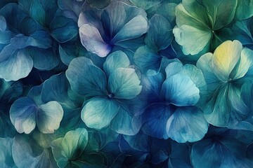 Abstract watercolor background in vibrant blues and greens, blue flower and leaf