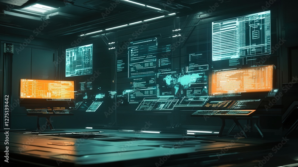 Aufkleber workspace with floating data panels showing market expansion, symbolizing seamless business communic
