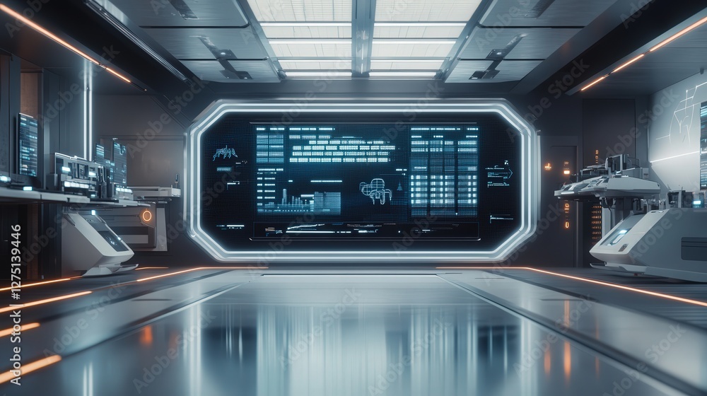 Poster workspace with floating data panels showing market expansion, symbolizing seamless business communic