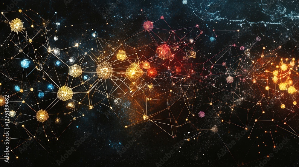Poster geometric hexagonal diagram illustrating social connectivity, with lines and nodes representing huma