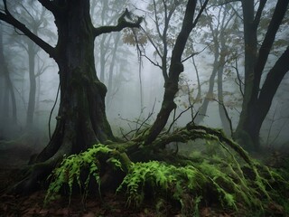 Fototapeta premium Mystical Foggy Forest Ancient Trees Mossy Roots Green Ferns
