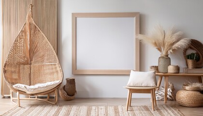 ScandiBoho Styled Home Interior with Natural Wood Furniture and White Background, Exuding a Warm and Calm Atmosphere in a Minimalist Setting.
