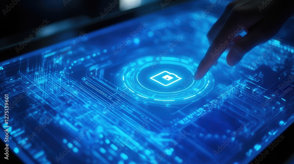 Poster blue cybersecurity screen displaying a lock icon, with a hand pressing it to ensure data encryption.