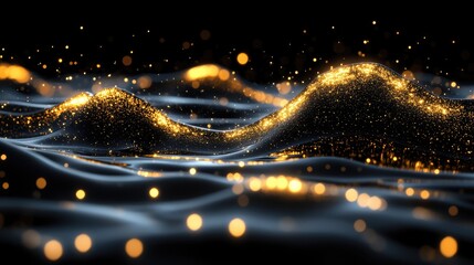 Abstract gold particles waves in dark background. Possible use  Stock photo for digital design, technology, or futuristic concepts