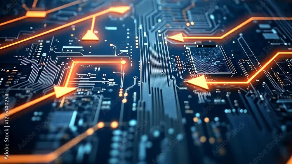 Poster detailed view of a vibrant computer circuit board showcasing interconnected lines and arrows, classi