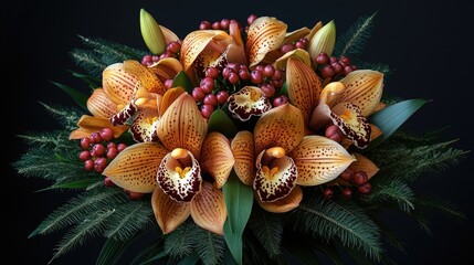 Orchids bouquet with berries and greenery, still life, dark background, for holiday card