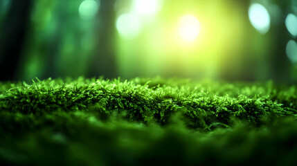 Obraz premium Lush green moss covering the forest floor, illuminated by soft sunlight filtering through the trees, creating a tranquil atmosphere.
