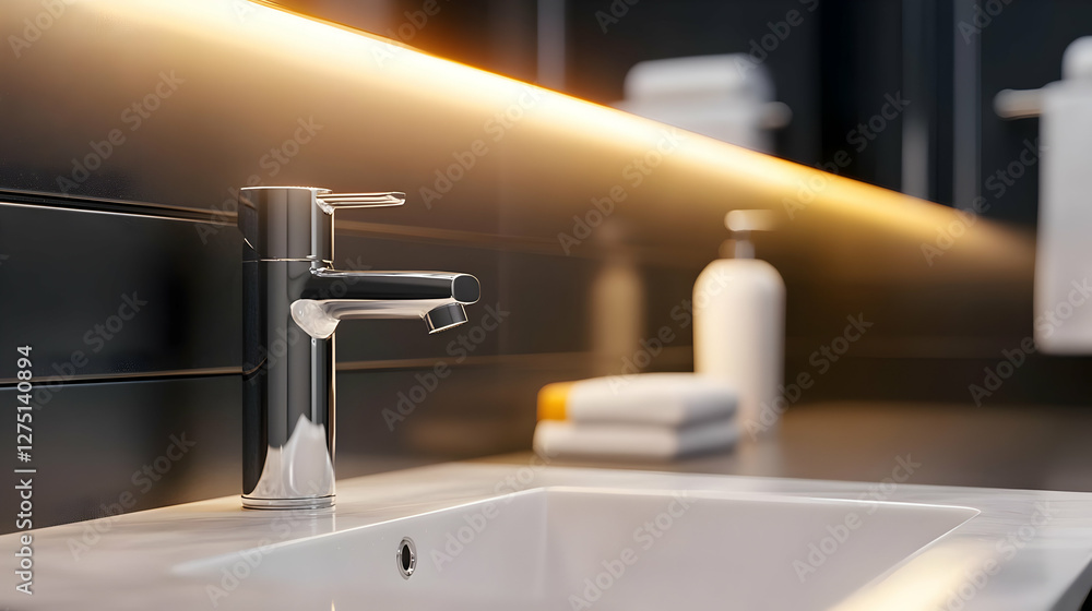 Poster modern bathroom faucet design with elegant lighting, creating a stylish ambiance and enhancing daily