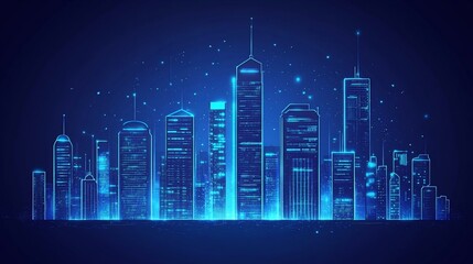 Fototapeta premium Futuristic Cityscape with Glowing Blue Outlines on a Dark Background Concept Design