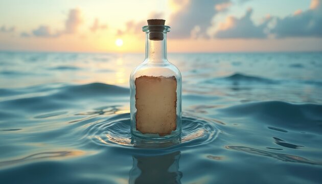 Message in bottle floating on sea waves at sunrise. Glass bottle with letter inside. Symbol of hope, communication, mystery, act of loneliness. Seascape with sunshine.