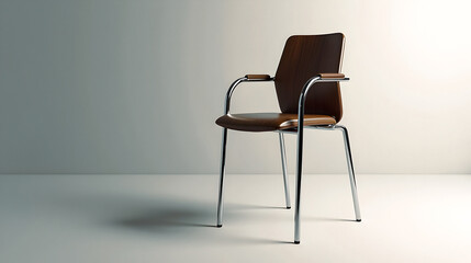 Obraz premium Sleek modern armchair, brown leather seat and wood back, minimalist chrome legs. Perfect for contemporary interiors.