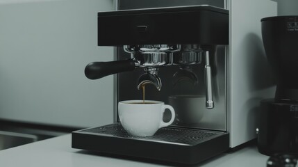 A stylish espresso machine brewing coffee in an office kitchen,