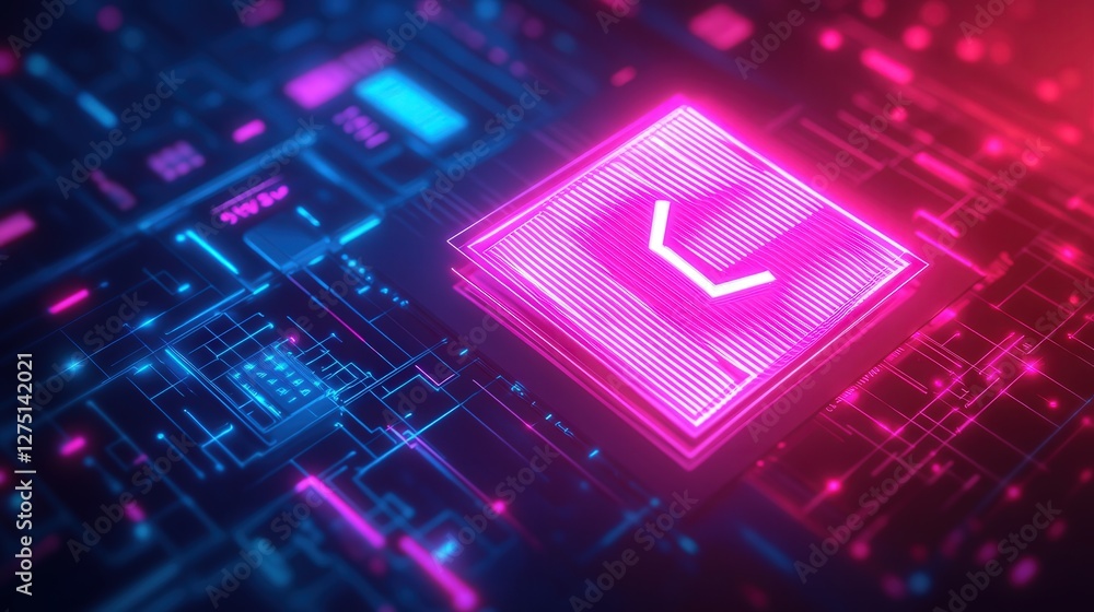 Poster neon checkmark and document icon, representing an efficient audit outcome, illuminated by soft neon 