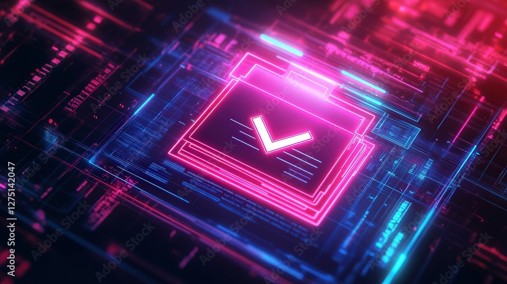 Poster neon checkmark and document icon, representing an efficient audit outcome, illuminated by soft neon 