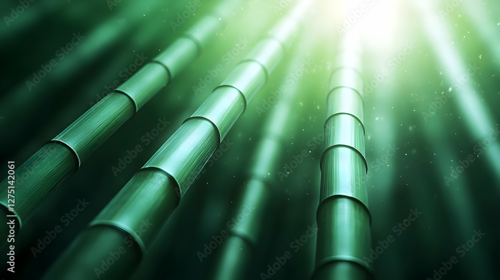 Poster upward view of green bamboo stalks with soft light filtering through, creating a serene and natural 