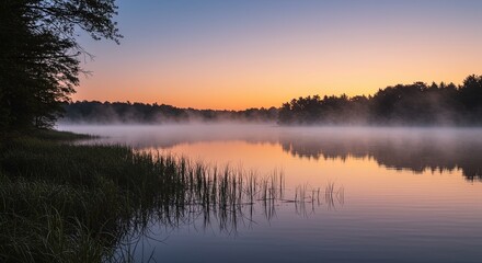 Fototapeta premium Foggy Sunrise Over a Lake