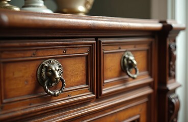 Close up of vintage brown wooden cabinet with drawers featuring lion head handles. Antique furniture showcases classic design, storage solution, and ornate carvings detail.