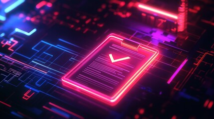 document icon, symbolizing a successful audit, set in a dark digital environment with sleek glowing effects